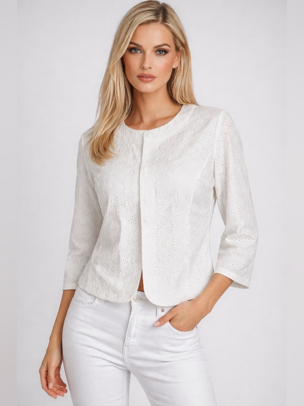 Croft & Barrow Eyelet Lace Jacket/top White Size Small 3/4 Sleeve Classic Snap
